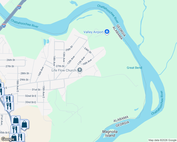 map of restaurants, bars, coffee shops, grocery stores, and more near 2410 Lismore Drive in Valley