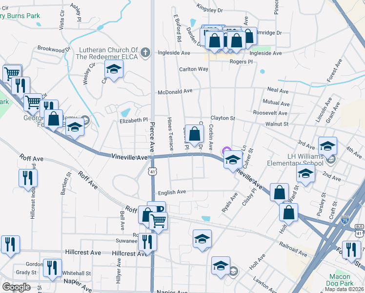 map of restaurants, bars, coffee shops, grocery stores, and more near 122 Buford Place in Macon