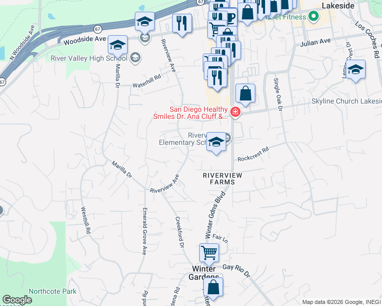 map of restaurants, bars, coffee shops, grocery stores, and more near 9381 Riverview Avenue in Lakeside