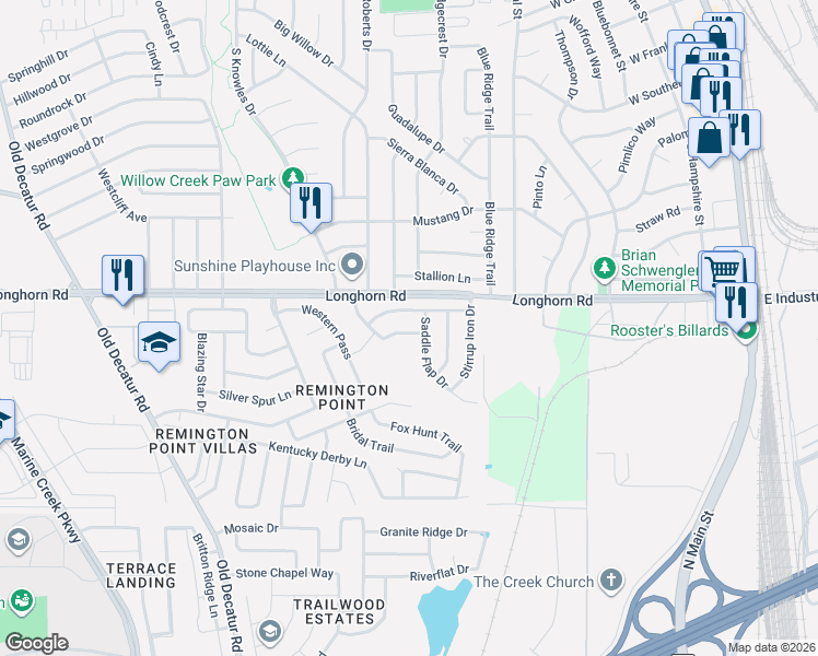 map of restaurants, bars, coffee shops, grocery stores, and more near 624 Saddleway Drive in Fort Worth