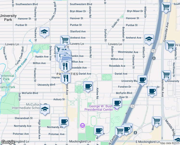 map of restaurants, bars, coffee shops, grocery stores, and more near 3208 Daniel Avenue in Dallas