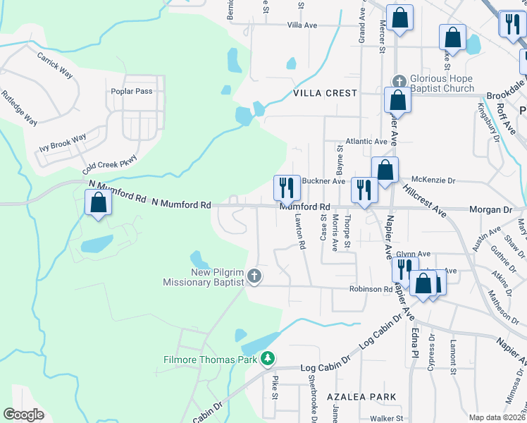 map of restaurants, bars, coffee shops, grocery stores, and more near 4338 Mumford Road in Macon