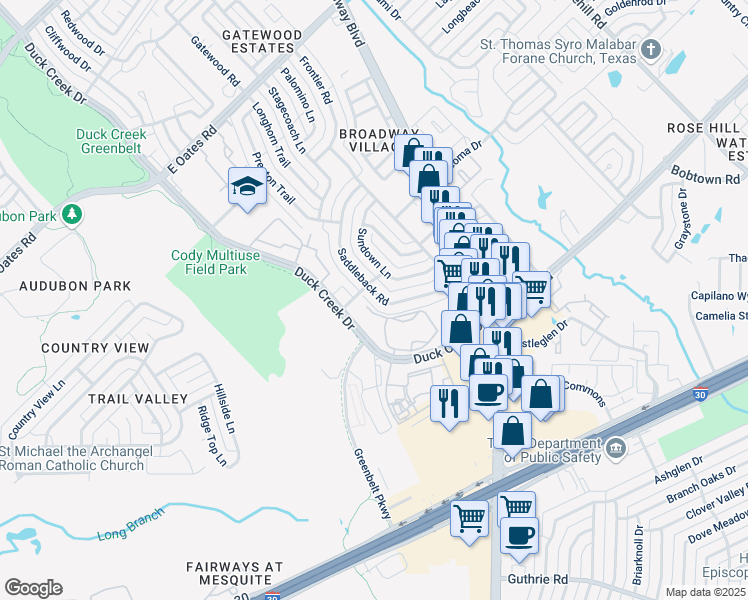 map of restaurants, bars, coffee shops, grocery stores, and more near 5602 Saddleback Road in Garland