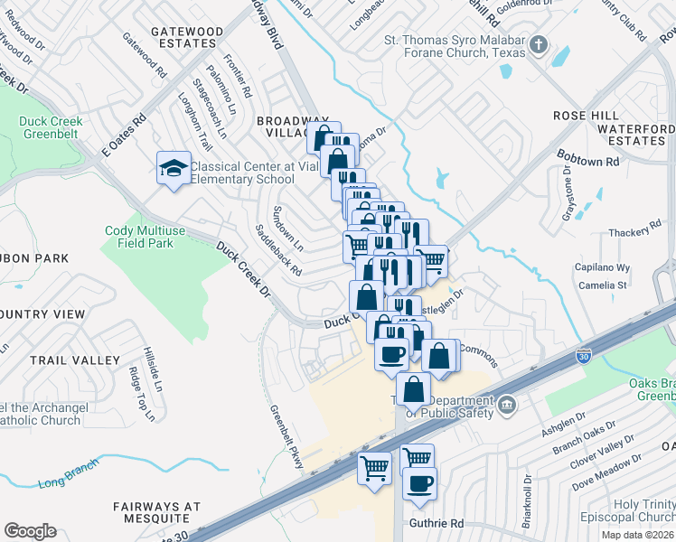 map of restaurants, bars, coffee shops, grocery stores, and more near 5650 Saddleback Road in Garland