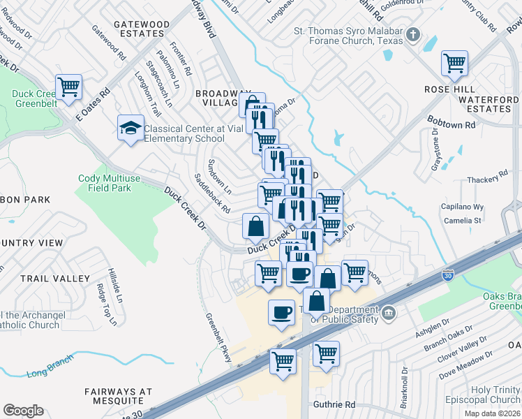 map of restaurants, bars, coffee shops, grocery stores, and more near 5650 Saddleback Road in Garland