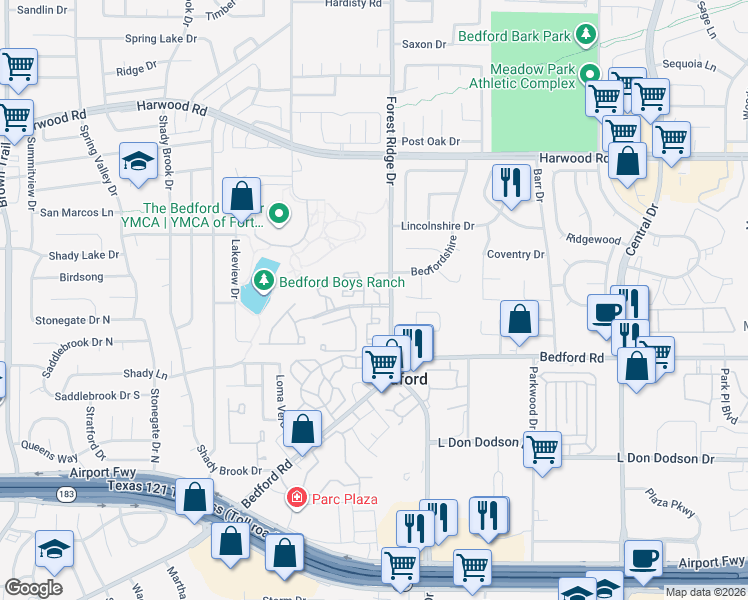 map of restaurants, bars, coffee shops, grocery stores, and more near 2517 Shady Ridge Drive in Bedford