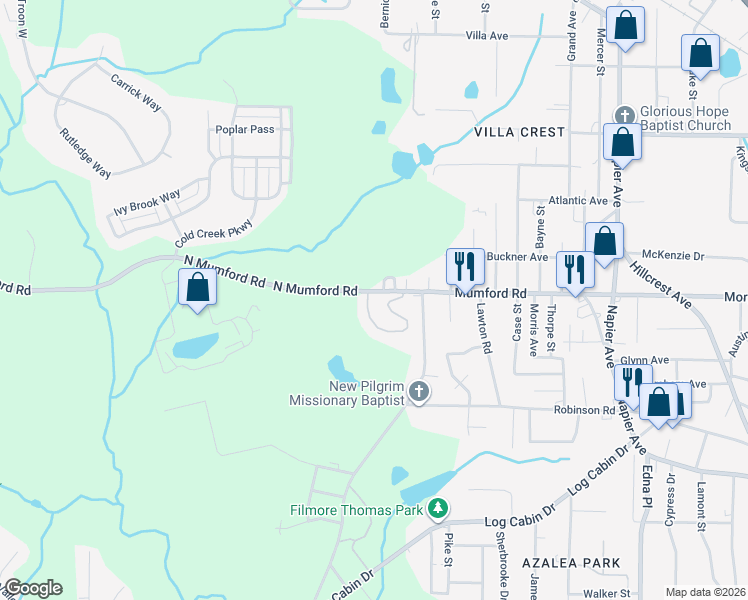 map of restaurants, bars, coffee shops, grocery stores, and more near 4416 Mumford Road in Macon