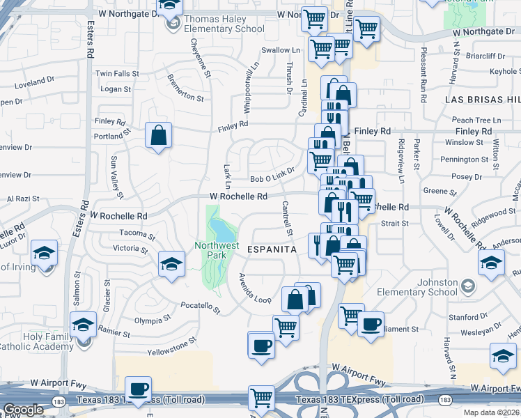 map of restaurants, bars, coffee shops, grocery stores, and more near 2821 Lago Vista Loop in Irving