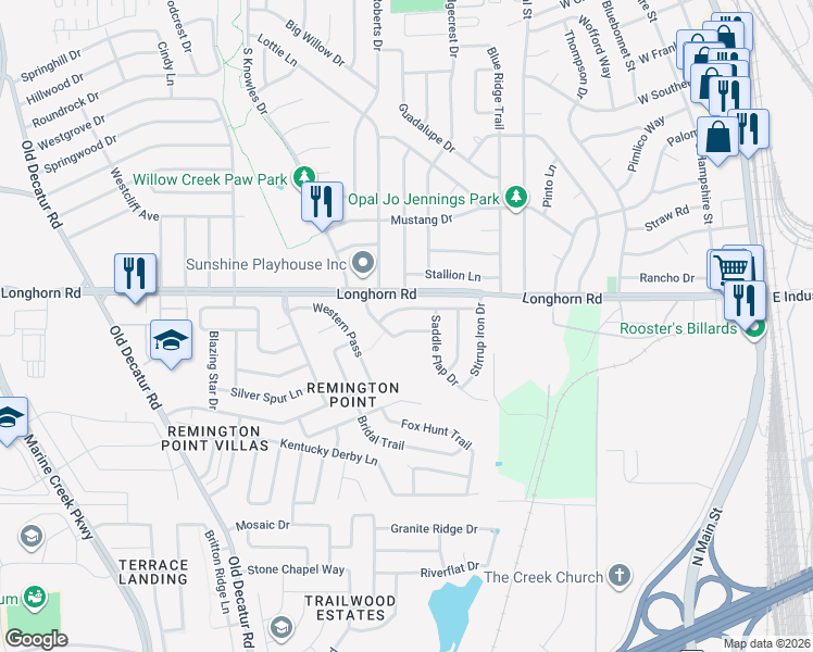 map of restaurants, bars, coffee shops, grocery stores, and more near 624 Saddleway Drive in Fort Worth