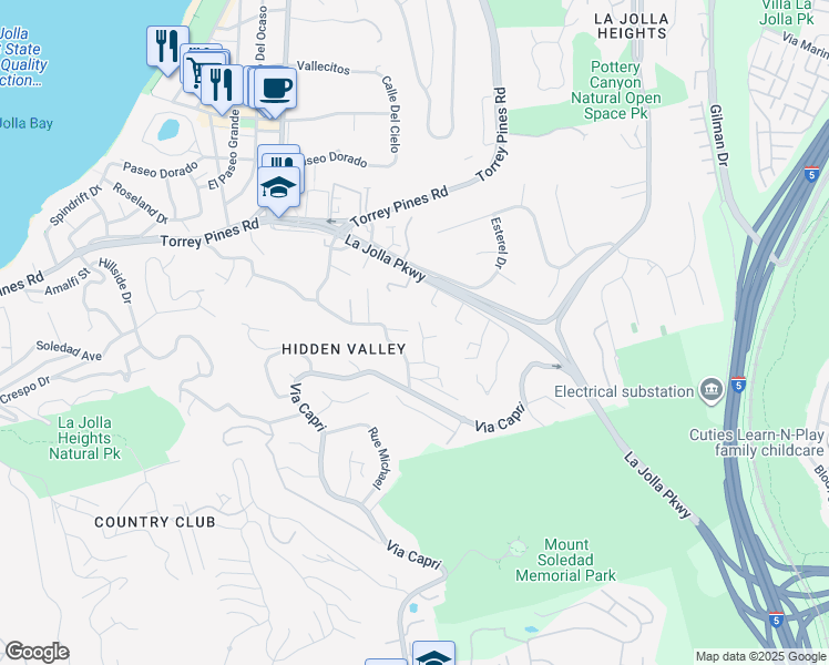 map of restaurants, bars, coffee shops, grocery stores, and more near 7716 Hidden Valley Court in San Diego