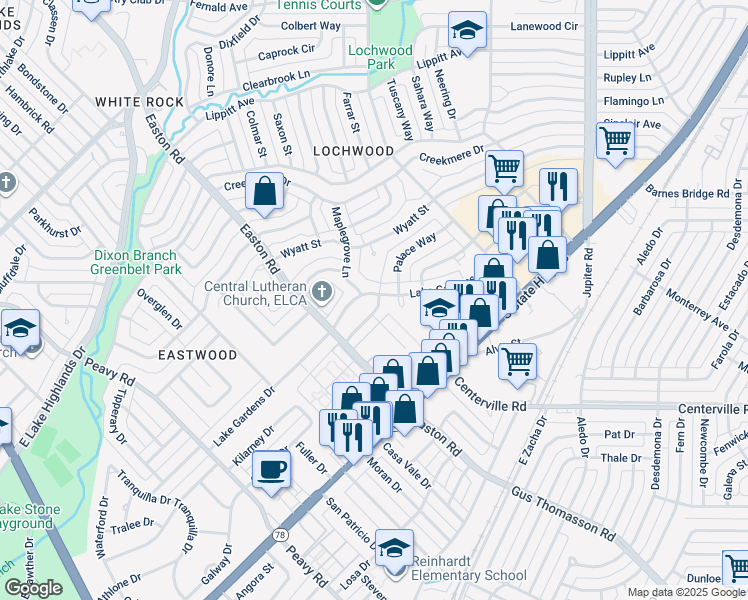 map of restaurants, bars, coffee shops, grocery stores, and more near 10716 Lake Gardens Drive in Dallas
