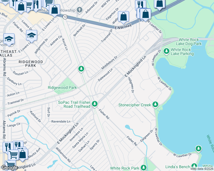 map of restaurants, bars, coffee shops, grocery stores, and more near 7139 Westbrook Lane in Dallas