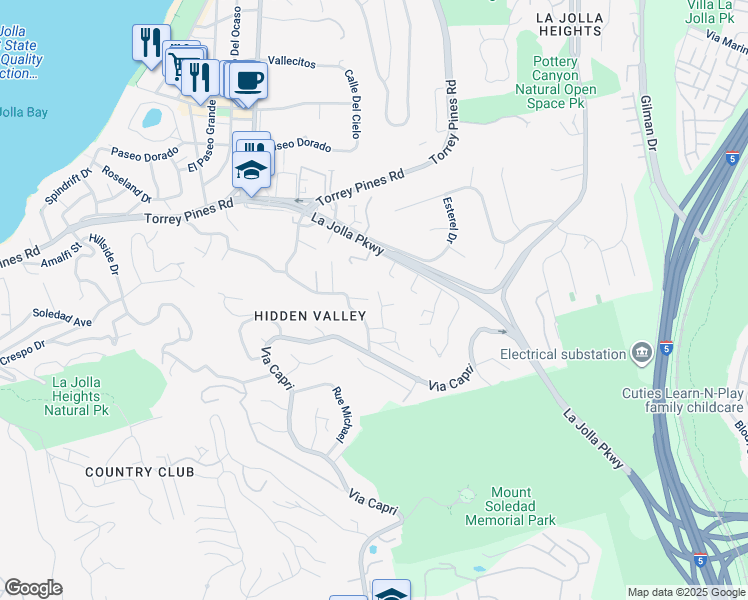 map of restaurants, bars, coffee shops, grocery stores, and more near 7716 Hidden Valley Court in San Diego