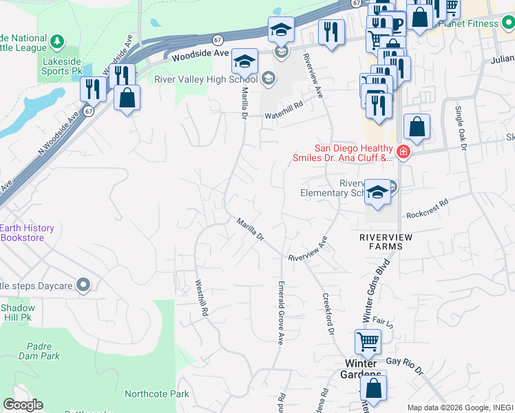 map of restaurants, bars, coffee shops, grocery stores, and more near 9263 Hightop Terrace in Lakeside
