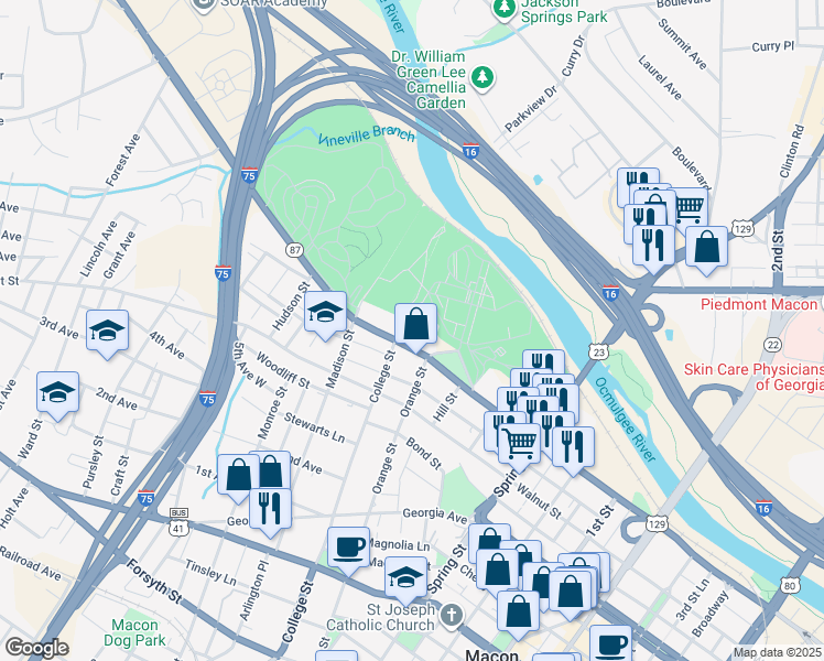 map of restaurants, bars, coffee shops, grocery stores, and more near 1100 Jones Street Lane in Macon