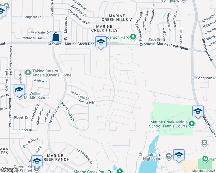 map of restaurants, bars, coffee shops, grocery stores, and more near 6136 Falls Lake Road in Fort Worth