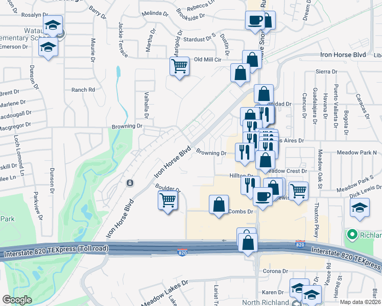 map of restaurants, bars, coffee shops, grocery stores, and more near 6440 Iron Horse Boulevard in North Richland Hills