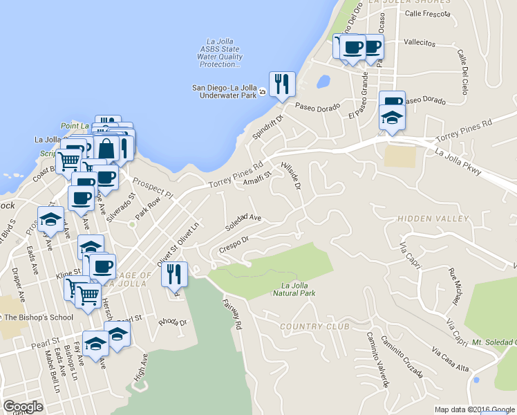 map of restaurants, bars, coffee shops, grocery stores, and more near 7725 Whitefield Place in San Diego