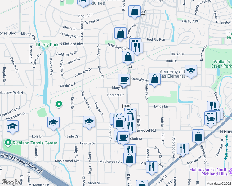 map of restaurants, bars, coffee shops, grocery stores, and more near 7705 Noreast Drive in Fort Worth