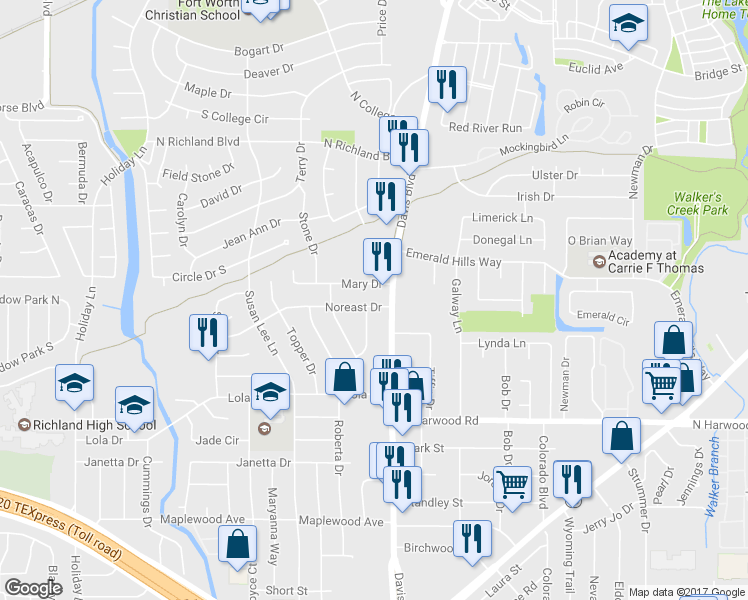 map of restaurants, bars, coffee shops, grocery stores, and more near 7751 Noreast Drive in Fort Worth
