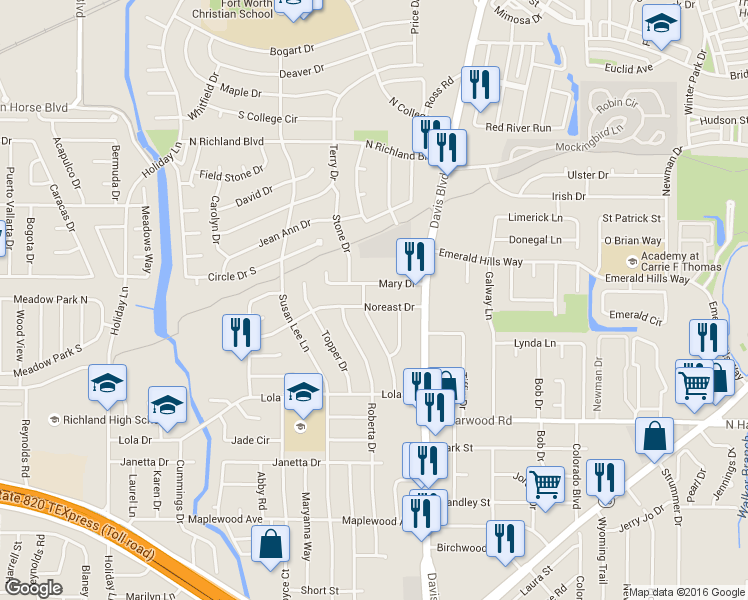 map of restaurants, bars, coffee shops, grocery stores, and more near 7705 Noreast Drive in Fort Worth