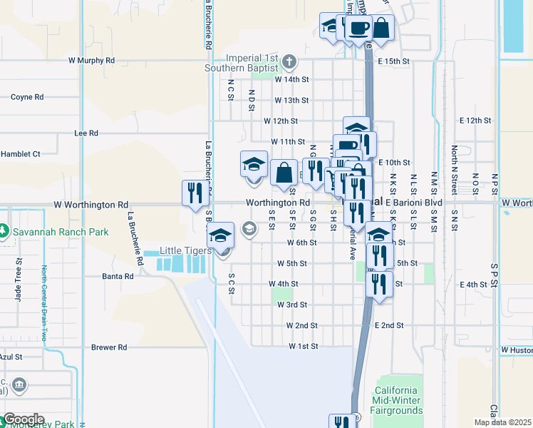 map of restaurants, bars, coffee shops, grocery stores, and more near 113 South E Street in Imperial
