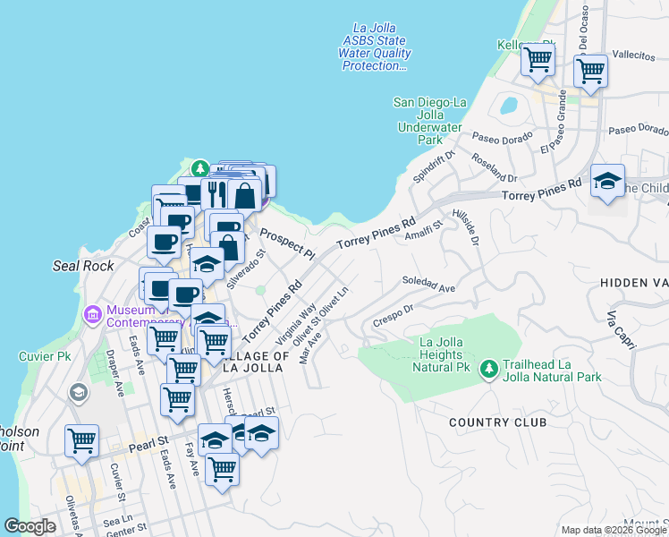 map of restaurants, bars, coffee shops, grocery stores, and more near 7788 Prospect Place in San Diego