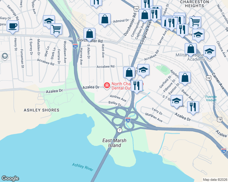 map of restaurants, bars, coffee shops, grocery stores, and more near 2366 Suffolk Street in North Charleston