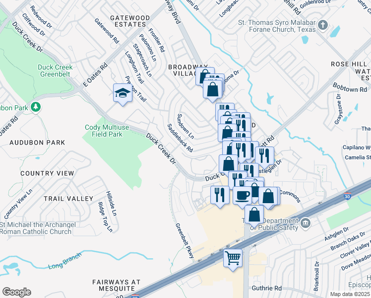 map of restaurants, bars, coffee shops, grocery stores, and more near 5602 Saddleback Road in Garland