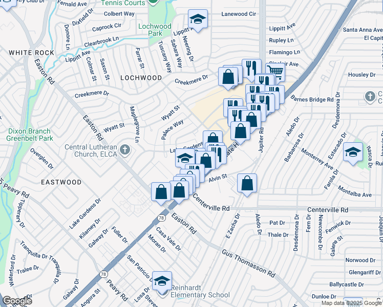 map of restaurants, bars, coffee shops, grocery stores, and more near 10905 Lochmond Circle in Dallas