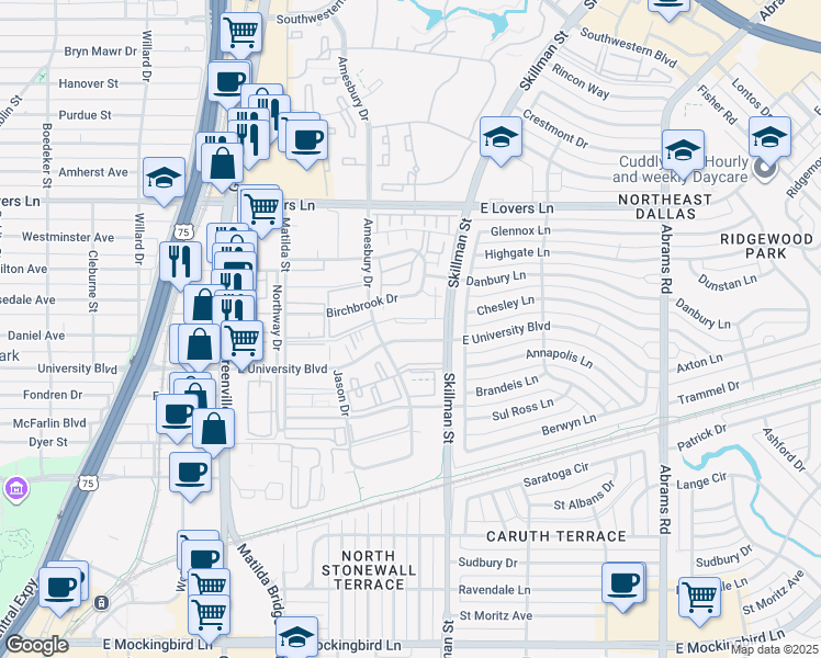 map of restaurants, bars, coffee shops, grocery stores, and more near 6015 East University Boulevard in Dallas