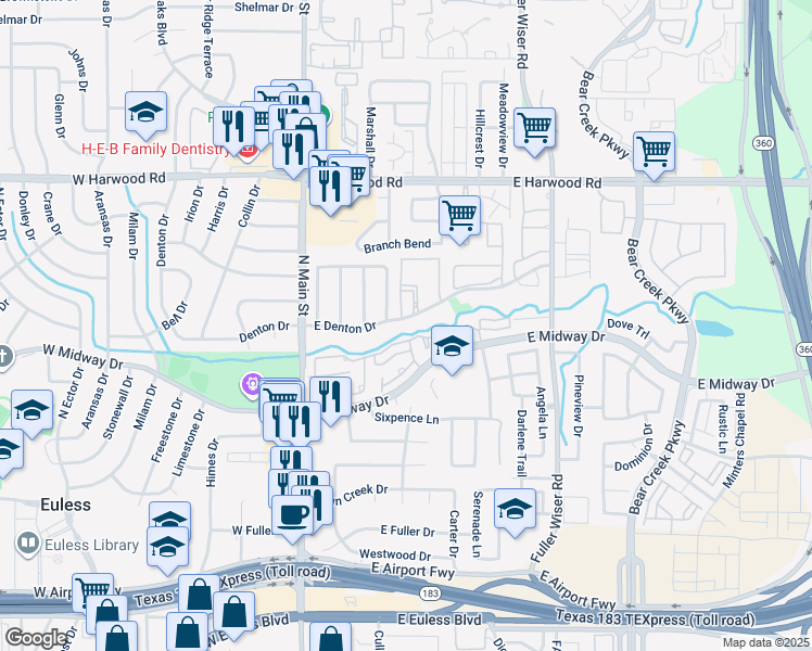 map of restaurants, bars, coffee shops, grocery stores, and more near 308 East Denton Drive in Euless