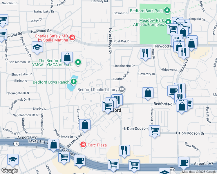 map of restaurants, bars, coffee shops, grocery stores, and more near 1600 Warwickshire Court West in Bedford
