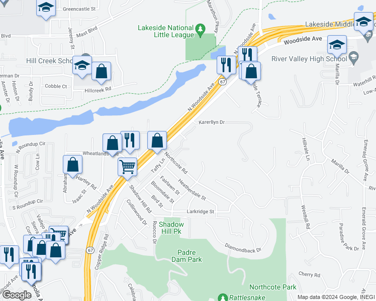 map of restaurants, bars, coffee shops, grocery stores, and more near 11249 Via Madonna in Santee