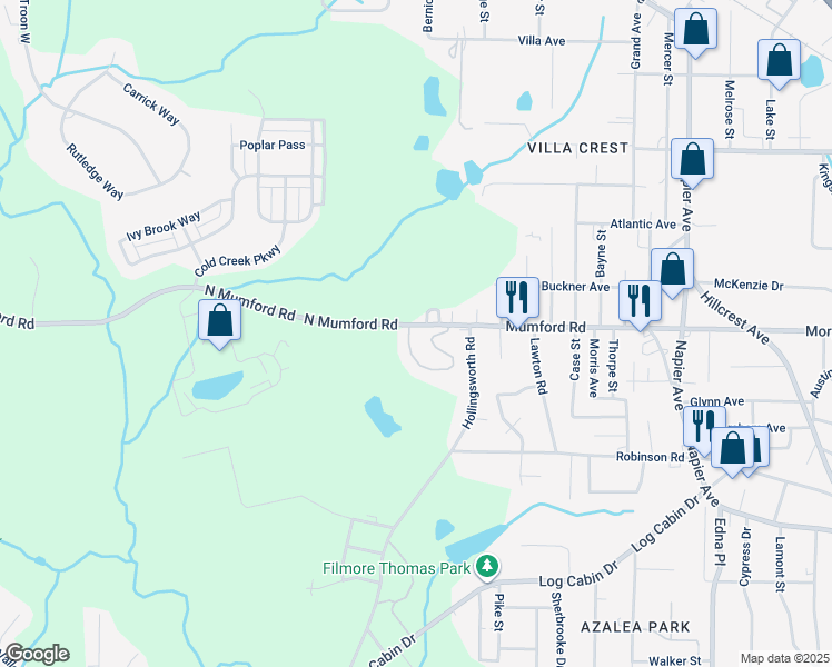 map of restaurants, bars, coffee shops, grocery stores, and more near 4416 Mumford Road in Macon