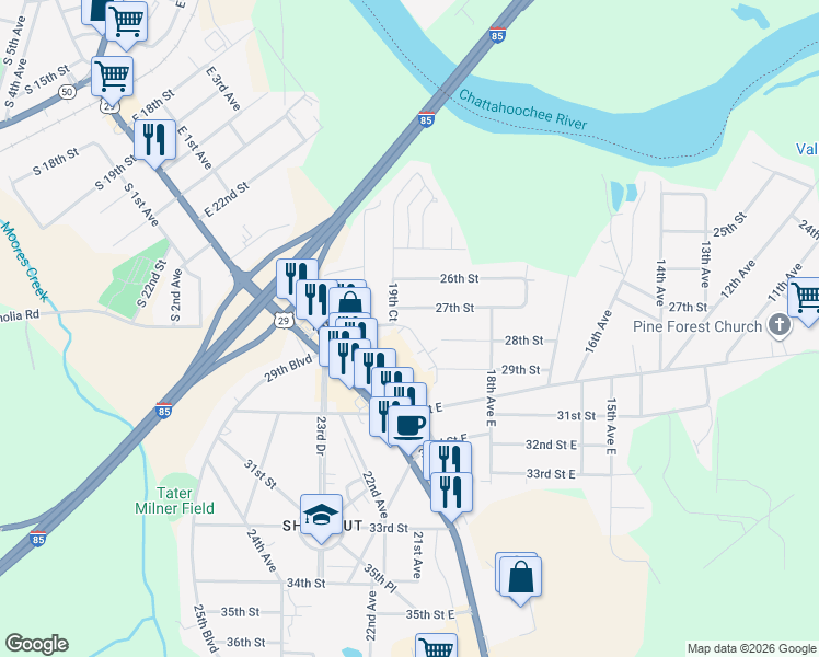 map of restaurants, bars, coffee shops, grocery stores, and more near 19th Place in Valley