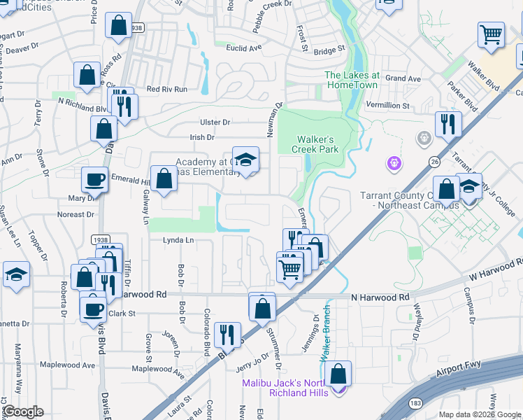 map of restaurants, bars, coffee shops, grocery stores, and more near 8316 Emerald Circle in Fort Worth