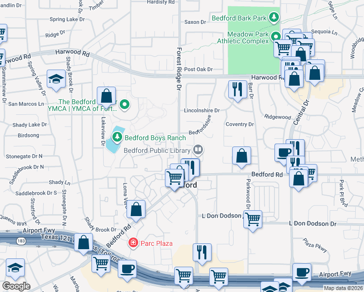 map of restaurants, bars, coffee shops, grocery stores, and more near 1600 Warwickshire Court West in Bedford