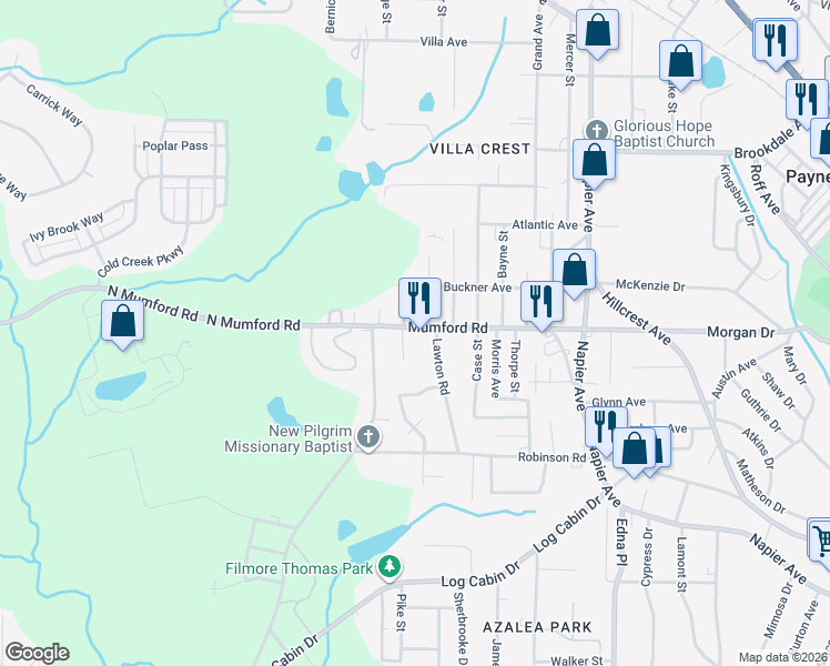 map of restaurants, bars, coffee shops, grocery stores, and more near 4218 Mumford Road in Macon