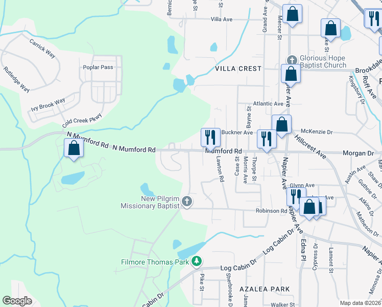 map of restaurants, bars, coffee shops, grocery stores, and more near 4338 Mumford Road in Macon