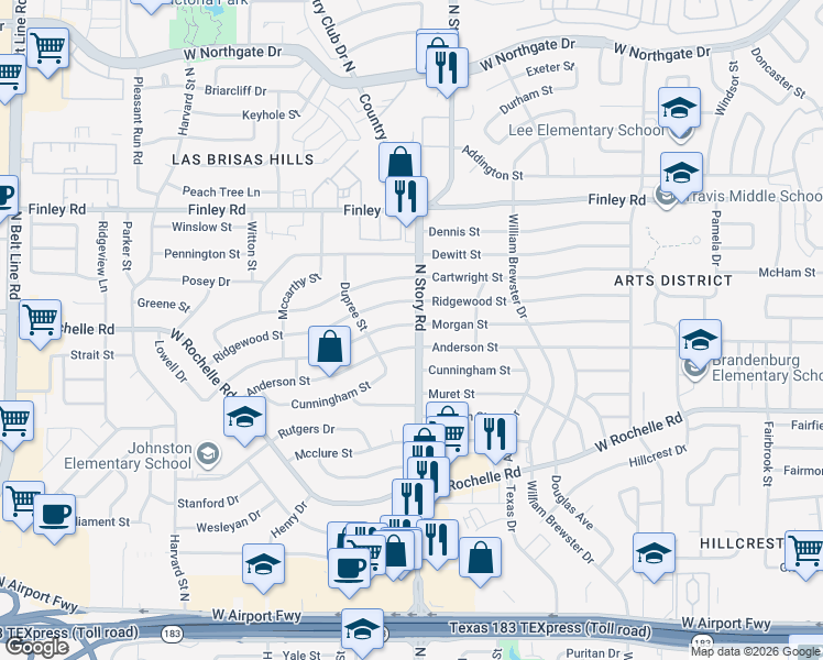 map of restaurants, bars, coffee shops, grocery stores, and more near 2402 Morgan Street in Irving