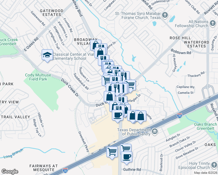 map of restaurants, bars, coffee shops, grocery stores, and more near 6575 Duck Creek Drive in Garland