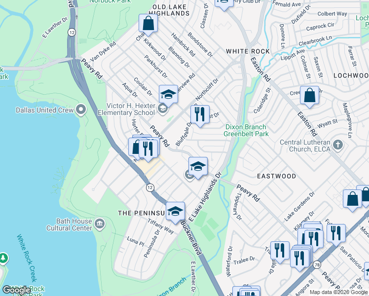 map of restaurants, bars, coffee shops, grocery stores, and more near 814 Peavy Road in Dallas