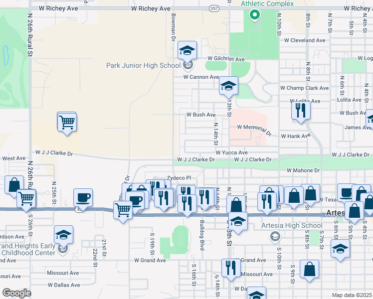 map of restaurants, bars, coffee shops, grocery stores, and more near 502 North 16th Street in Artesia