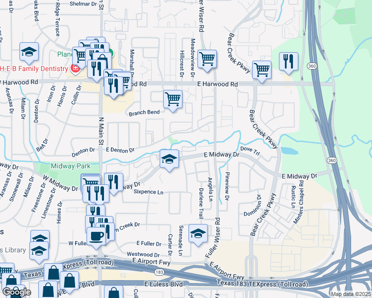 map of restaurants, bars, coffee shops, grocery stores, and more near 501 Arbor Creek Drive in Euless
