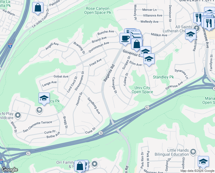 map of restaurants, bars, coffee shops, grocery stores, and more near 3104 Carnegie Court in San Diego