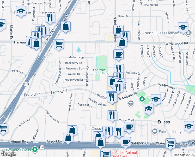 map of restaurants, bars, coffee shops, grocery stores, and more near 2409 Brasher Lane in Bedford