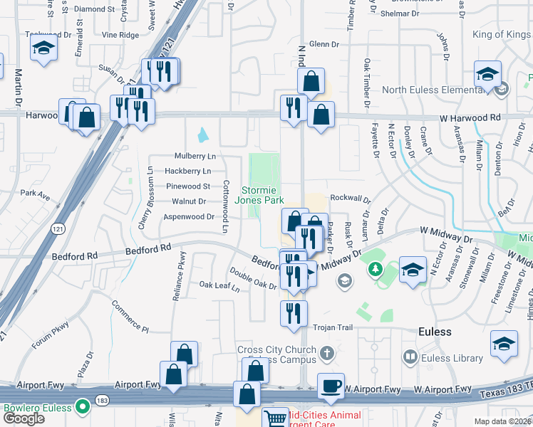 map of restaurants, bars, coffee shops, grocery stores, and more near 2409 Brasher Lane in Bedford