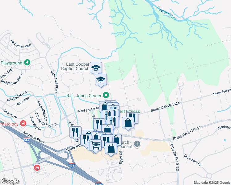 map of restaurants, bars, coffee shops, grocery stores, and more near 412 Egypt Road in Mount Pleasant
