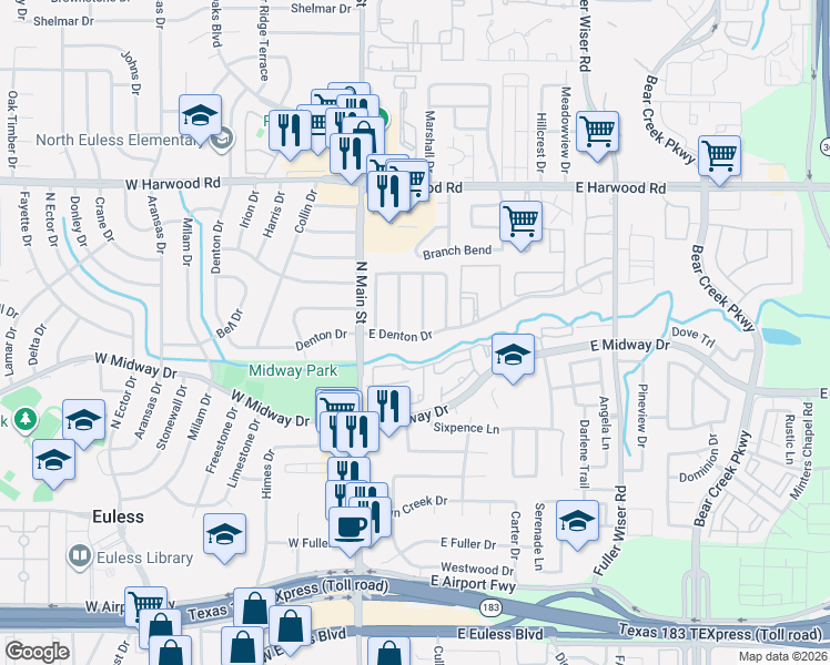 map of restaurants, bars, coffee shops, grocery stores, and more near 760 Midcreek Drive in Euless
